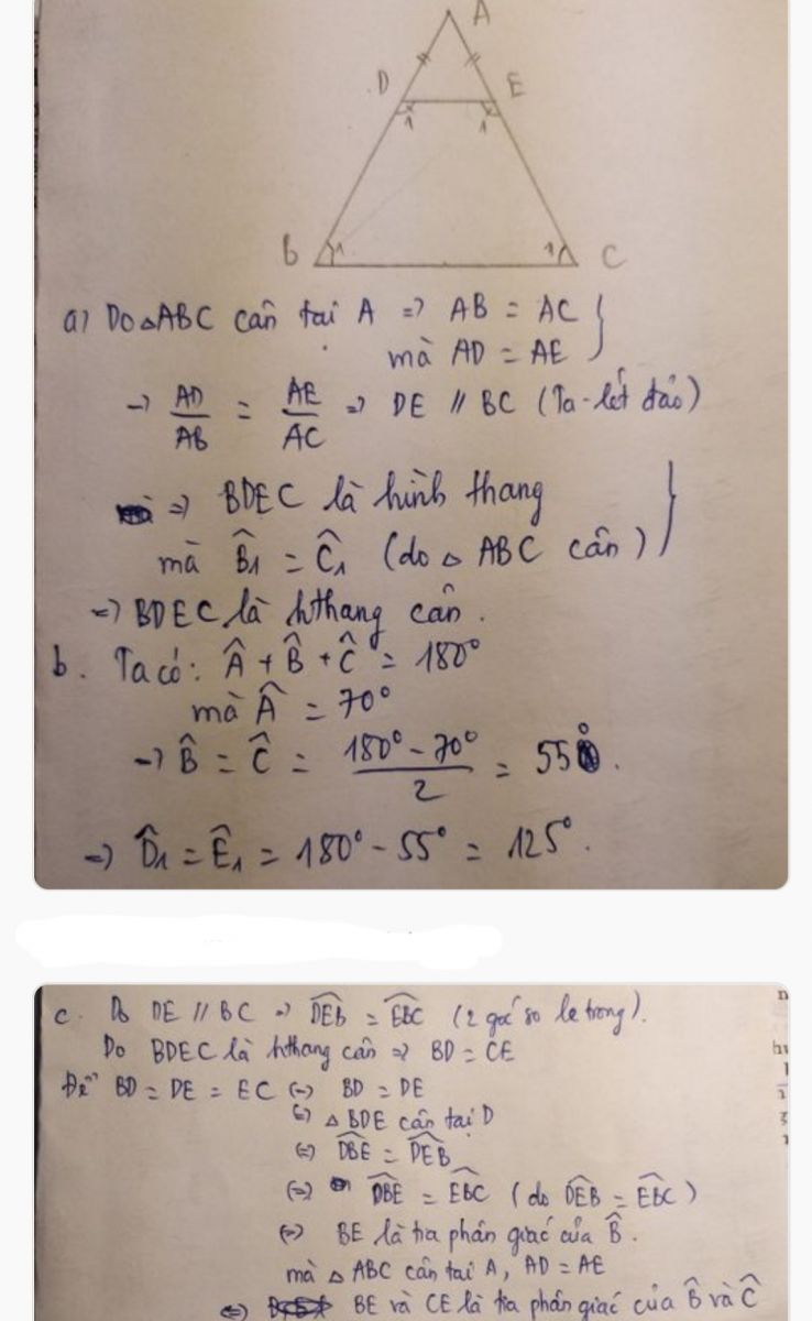 Cho Tam Giac Abc Can Tại A D Thuộc Ab E Thuộc Ac Sao Cho Ad Ae A Tứ Giac ec La Hinh Gi Vi Saob Cho Goc